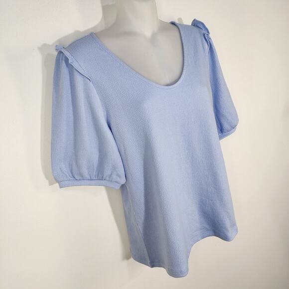 Talbots Tee Womens Small Ruffle Shoulder Voop Neck Elbow Sleeves Blue Textured - Picture 4 of 7